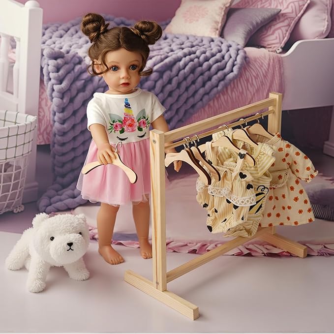 BABESIDE 10 Pcs Doll Garment Rack with Wooden Baby Doll Hangers, Doll Accessories for 18 Inch Doll Girl, 18 InchDoll Girl Clothes Storage Furniture