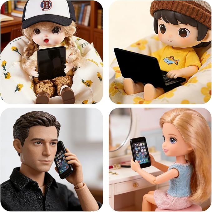 Dollhouse Furniture Accessories Laptop, 1/12 Scale 1/6 Scale Miniature Phone Tablet Mini Stuff Things Doll House Mini Play Set Accessories 3 Pcs(Black)
