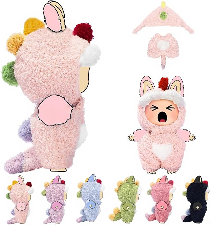 Clothes for LABUBU 17cm Doll (NO Dolls), Dinosaur Outfit for LABUBU, Dino Dolls Keychain Accessories, Faking Animal Style Outfit Jumpsuit Dinosaur Costume for LABUBU (Light Pink)