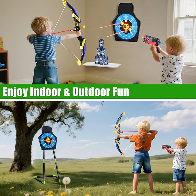 2 Pack Bow and Arrow Toy : Sports Toys for 5 6 7 8 9 10 11 12 Year Old Boys | with 24 Suction Cup Arrows, 1 Standing Target, 6 Score Targets & 2 Quiver | Indoor Outdoor Sport Gifts for Ages 4-8 8-12