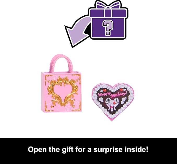 Monster High Scary Sweet Birthday Doll, Cupid Asteria in Pink and Red Party Dress with Themed Accessories Like Invite, Balloon, Gift and More