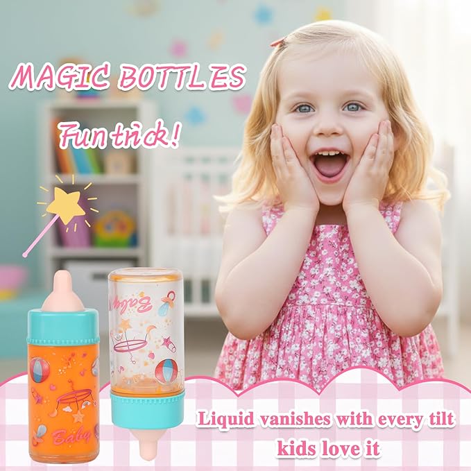 CARANOVO Baby Doll Accessories Set – 7 Pcs Feeding Bottle Toys, Magic Disappearing Milk & Juice, Pretend Play Set with Pacifiers, Reusable Bibs and Diapers, Kids Gift