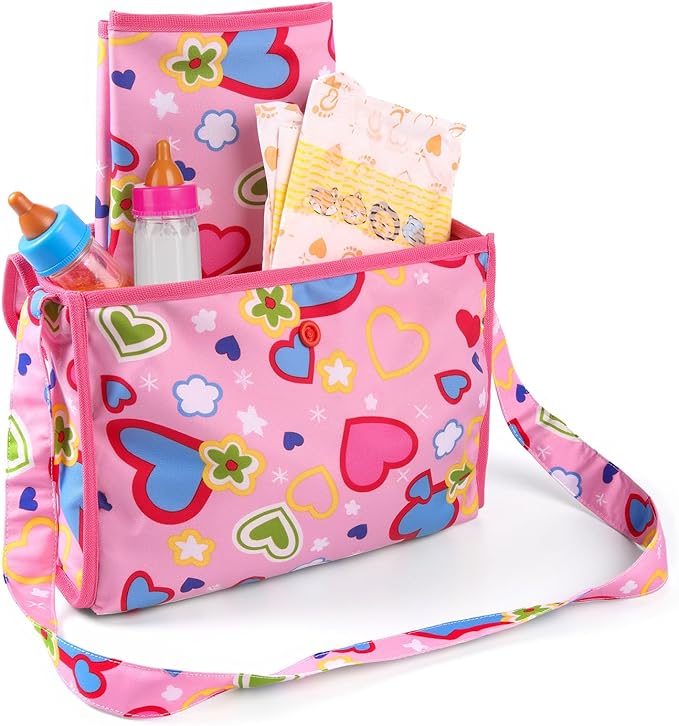 BABESIDE 5 Pcs Baby Diaper Bag Set with Magic Bottles, Baby Doll Accessories Includes Changing Mat, Diapers and Bottle with Disappearing Milk for 12-16 inches Dolls Kids Gift