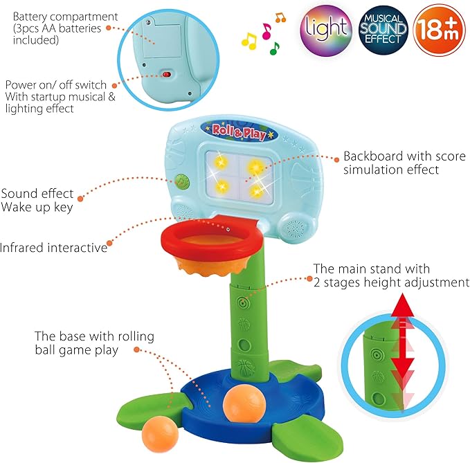 LotFancy Toddler Basketball Hoop for Kids, 2 in 1 Adjustable Baby Sports Toys, with Light and Music, Indoor Infant Interactive Learning Toy, Christmas Easter Gifts for 1 2 Year Old Boys Girls