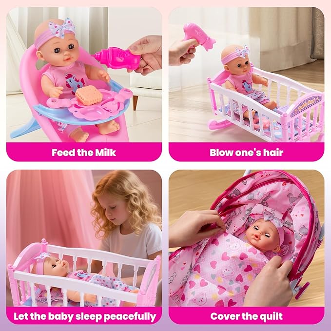 Baby Doll Stroller Play Set with 12.5" Baby Dolls, 28 Pcs Pretend Role Play Doll Accessories Including Crib, Dining Chair, Doll Clothes, Sunglass, Handbag for Girls Toddlers 3-5 4-6 5-7