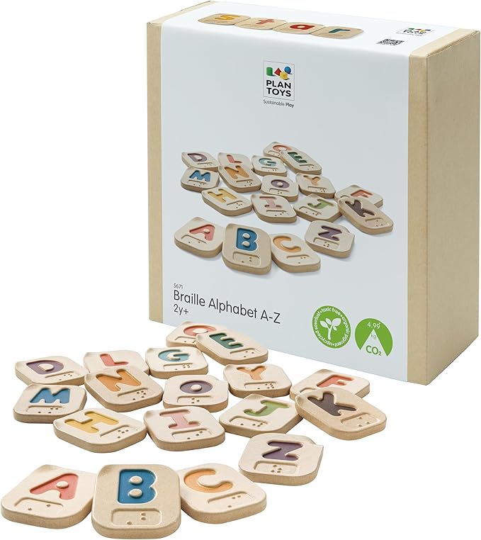 PlanToys Braille Alphabet A-Z Braille-Reading Alphabet Learning Toys - 26 Sustainably-Made Traceable Wooden Tiles with Upper and Lower Case Letters and Braille