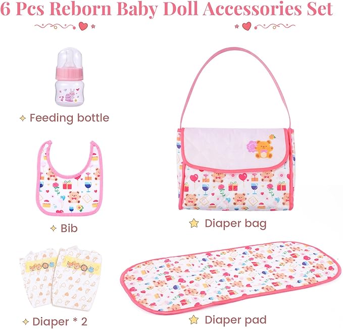 BABESIDE 6 Pcs Reborn Baby Doll Accessories Set for 17-22 Inch Dolls, Feeding & Diaper Bag Play Set with Bib, Bottle, Diapers & Changing Pad, Toy Gift for Girls (Doll Not Included)