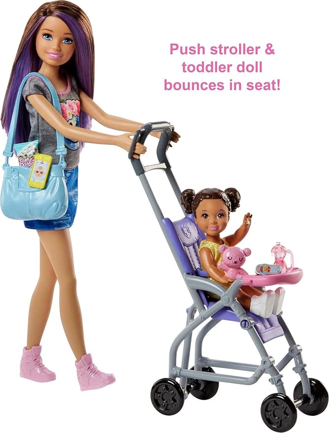 Barbie Skipper Babysitters Inc 2 Dolls & Accessories Set with Brunette Skipper Doll, Small Doll & Bouncy Stroller (Amazon Exclusive)