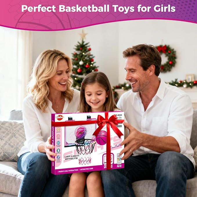 VATOS Basketball Hoop for Girls Indoor, LED Basketball Hoop with 7 Color Lights, Glowing Rim, Scoreboard & Remote Controller, Basketball Set Sports Toys Birthday Gifts for Girls Kids Teens 5-12