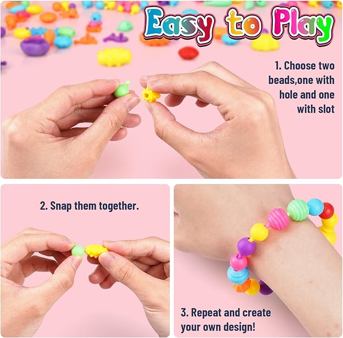 FUNZBO 520+ Snap Pop Beads - Jewelry Making Kit, Arts and Crafts for Kids Ages 4-8, Toys for 3 4 5 6 Years Old Girls Birthday Gifts Ideas, Bracelet Necklace Ring Set for Girls, Easter Basket Stuffers