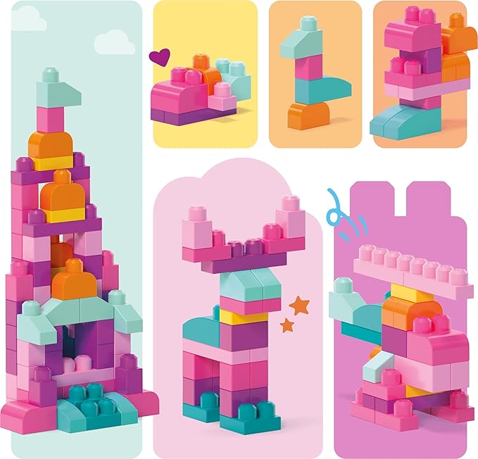MEGA BLOKS First Builders Toddler Blocks Toys Set, Big Building Bag Collection with 80 Pieces and Storage, Pink, Ages 1+ Years