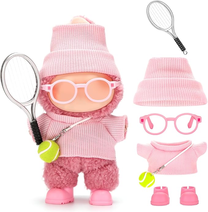 Doll Clothes for Labubu 17cm 6-Piece Tennis Sports Set for Big into Energy & Have a Seat & Exciting Macaron Series Dolls, for 17cm Dolls Accessories (Pink)