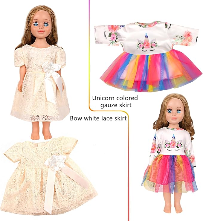 MSYO 10 Sets Doll Clothes for 17 - 18 Inch Dolls, 17 Pcs Diverse Outfits (Lace Dress, Unicorn Shirt & More), Fashion Dress - Up Set for Girl Doll Play & Gifting