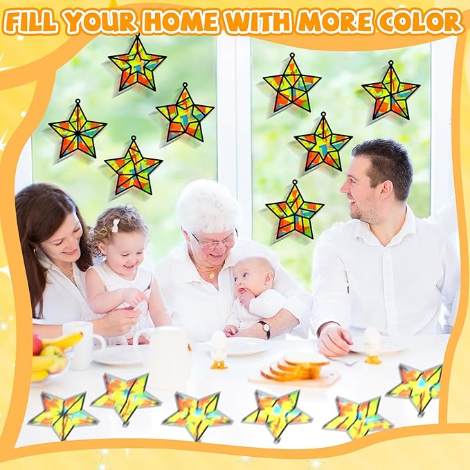 QOUBAI 32 Sets Stars Suncatchers Craft Back to School DIY Stained Glass Window Patriotic 4th of July Paper Craft Home School Classroom Decor Kid Birthday Gift Creative Art Activity Game