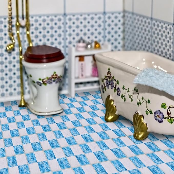Alasum Miniature Wood Flooring Tiles, 1/12 1/6 Scale Artistic Blue & White Patterned Floorboards, Durable Solid Wood Dollhouse Floor Boards for DIY Scenery Layouts & Model Decor, 18Pcs Set
