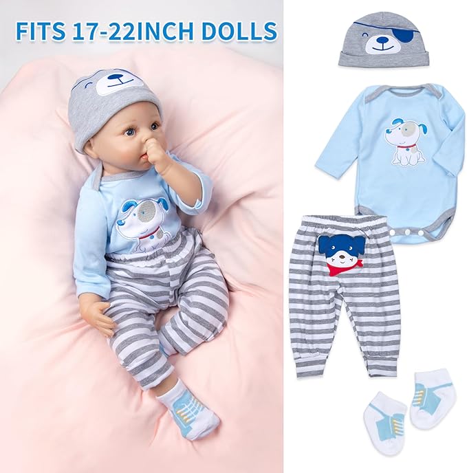 PEDOLLTREE 8 Pcs Reborn Baby Boy Doll Clothes Accessories Blue Puppy Set with Backpack Diaper for 17-22 Inch Reborn Doll Newborn Baby Boy