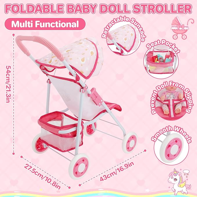 deAO Baby Doll Stroller Set with 12" Baby Dolls Nursery Playset 17 PCS Baby Doll Accessories with Play Mat,Storage Bag,Baby Stroller Toys for Girls Toddlers 3+ Pretend Play Gifts