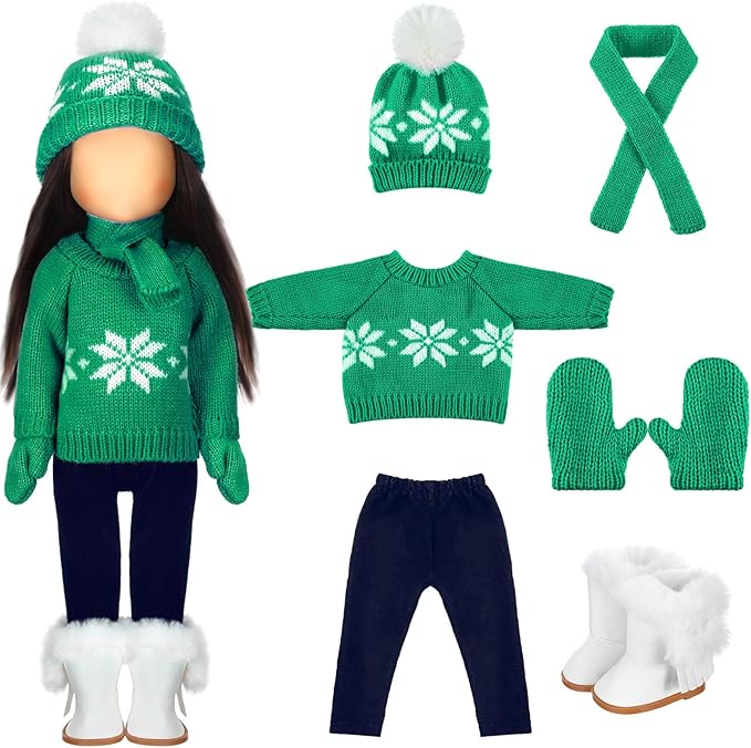 Bencailor 6 Pcs 18 Inch Christmas Doll Clothes and Accessories Winter Outfits Set Sweaters Trousers Hats Shoes Gloves for 18 Inch Doll Gifts(Green White)