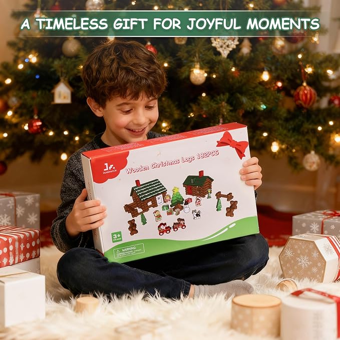 SainSmart Jr. Wooden Logs Set 182 Pcs Building House Toy for Toddlers with Christmas Tree Logs, Classical STEM Construction Kit Compatible with Lincoln Logs for 3+ Kids