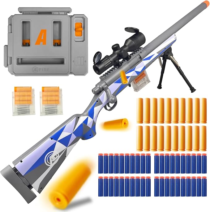AGM MASTECH M24 Foam Blaster, Shell Ejecting, Safety Switch, Adjustable Stock 41.8 Inch, Fast Dart Loader, Scope, 40 Darts, 20 Casings, 2 Mags, Tactical Gear for Teens 14+ Adults(Blue)