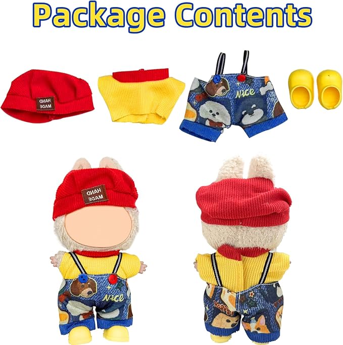 Clothes for Labubu 17cm Doll (NO Doll), 4 Piece Labubu Clothes Set, Cute Labubu Outfits with Accessories, Handmade Crochet La Bubu Doll Dress Up Set（Street Hip hop）
