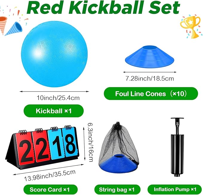 Jenaai 18 Pcs Sports Kickball Set Includes Playground Ball 5 Rubber Throw Down Bases Ball Pump Scoreboard Net Bag 10 Foul Line Cones for Adults Playground Backyard Game (10 Inch,Light Blue)