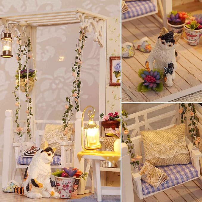 TuKIIE DIY Miniature Dollhouse Kit with Furniture, 1:24 Scale Creative Room Mini Wooden Doll House Accessories Plus Dust Proof for Kids Teens Adults(Kitten Diary)
