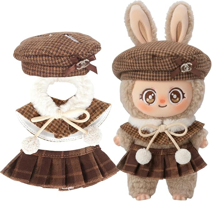 Doll Clothing Set (No Doll), Cute Cropped Straw Hat, Crossbody Bag, Dress, Suitable for 15-17cm Dolls, Outfit Accessory Set for Unique Styling (Brown-Houndstooth)