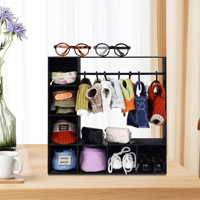 Doll Clothes Closet/Wardrobe Large Plus 10 Hangers, Doll Accessories Display Box, Clothes Storage for Figures, Portable Storage for Fashion Doll Clothes, Gift (Black)