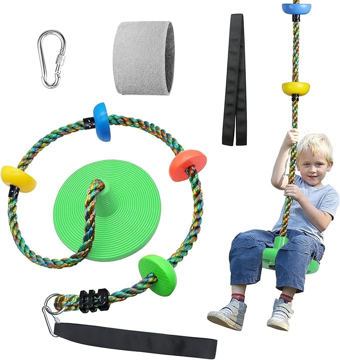 Tree Swing for Kids Backyard Single Disc Rope Climbing Swing Seat for Tree Indoor Outdoor Playground Set Accessories with Thickening 4 Ft Strap-Green