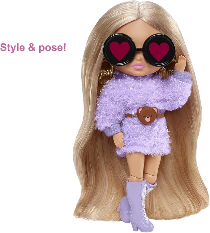 Barbie Extra Minis Doll #4 (5.5 in) Wearing Fluffy Purple Fashion, with Doll Stand & Accessories Including Teddy Ears and Sunglasses, Gift for Kids 3 Years Old & Up