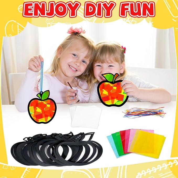 QOUBAI 32 Sets Back to School Apple Suncatchers Craft Kit DIY Window Stained Glass Effect Fall Apples Paper Craft for Home School Classroom Decor Kid Birthday Gifts Creative Art Projects Activity Game