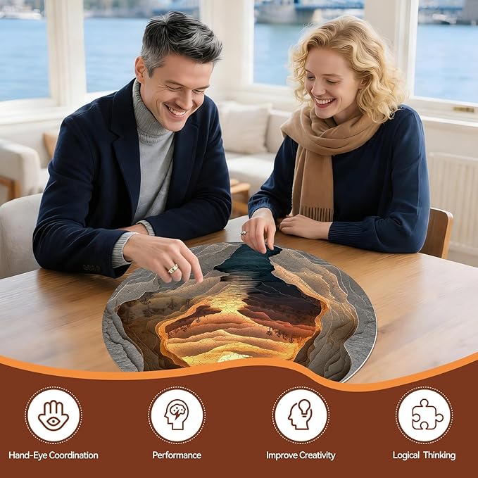 3D Visual Art Puzzles for Adults, 500 Piece Cave Sunset River Jigsaw Puzzle for Adults, Scenic Circular Landscape Puzzle 500 Pieces, Challenging Family Puzzle, 22 x 22 inches