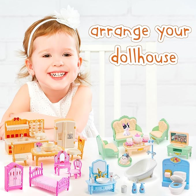 HAPGFS 45 Pcs Dollhouse Furniture Set Accessories Pretend Play Bedroom Living Room Bathroom Kitchen Doll House Mini Furniture for Kids Birthday and Christmas 4 Colors