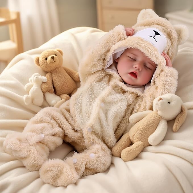 BABESIDE Drink and Wet Reborn Baby Doll – 17 Inch Realistic Sleeping Newborn, Can Drink Water & Pee, Full Body Soft Vinyl Real Life Baby Doll Girl in Bear Outfit, for Kids Age 3+