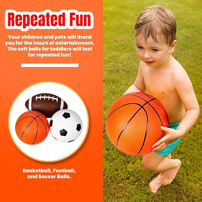 New Bounce Soft Sports Balls for Toddlers - Set of 3 5" Balls; Basketball, Football, and Soccer - Outdoor Playground Mini PVC Balls