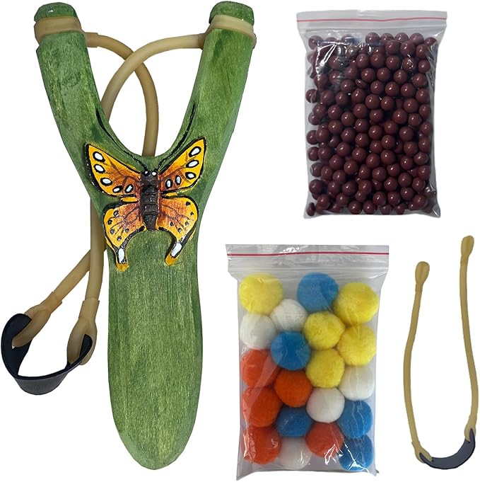 LANJAY Solid Wood Slingshot with Custom Engraving, Includes Clay Balls & Pompoms - Target Shooting & Outdoor Activity Toy for Kids & Adults, Ideal Children's Gift