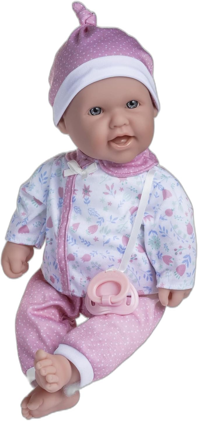 JC Toys La Baby Caucasian 16-inch Small Soft Body Baby Doll La Baby | Washable |Removable Pink Floral Outfit w/Hat, Pacifier & Magic Bottle | for Children 12 Months +