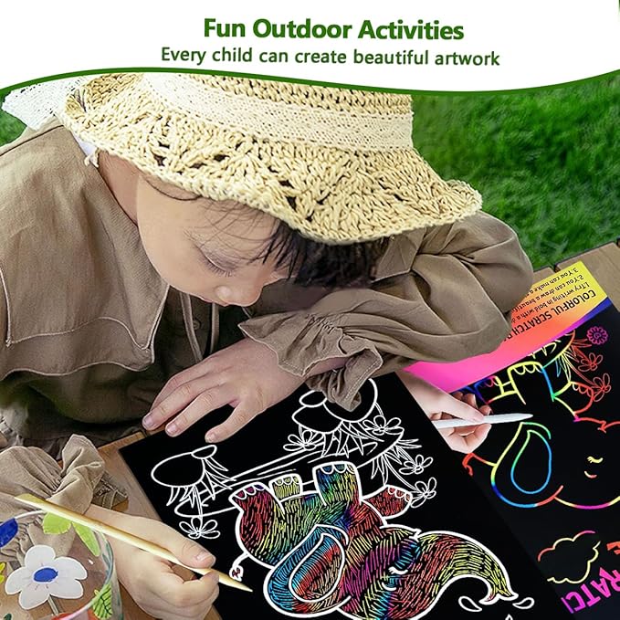 JUNQIU Scratch Art for Kids, Rainbow Scratch Paper Art Set - Animals, Arts and Crafts for Girls Boys Ages 4-8, Activity & Christmas Crafts, Stocking Stuffers for Kids