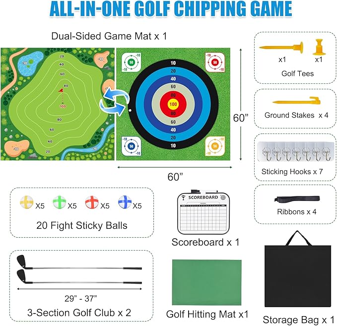 ASTRAEA Golf Chipping Game, Golf Battle Game with Hitting Mat for Kids Adults Indoor and Outdoor, 60" x 60" Double Sided Practice Mat with 2 Clubs & 20 Sticky Balls for Backyard