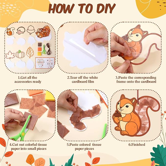 Feifeiya 24 Sets Fall Crafts Kit DIY Autumn Paper Crafts with Colored Tissue Paper Sticker Tools Fall Harvest Pumpkin Leaf Acorn Squirrel Suncatcher Ornaments for Classroom Thanksgiving Activity Arts