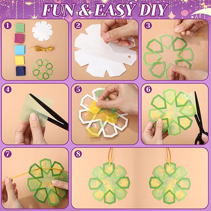 Feifeiya 24 Set Ramadan Crafts - DIY Ramadan Suncatcher Tissue Paper Craft Kit Eid Mubarak Crafts Bulk for Eid Al-fitr Activities Ornaments Hanging Decorations Party Gifts Favors Supplies
