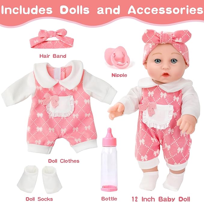 DONTNO 12'' Baby Doll in Gift Box with Clothes Accessories Playset,Pacifier,Feeding Bottle. Gift Idea for Ages 3+