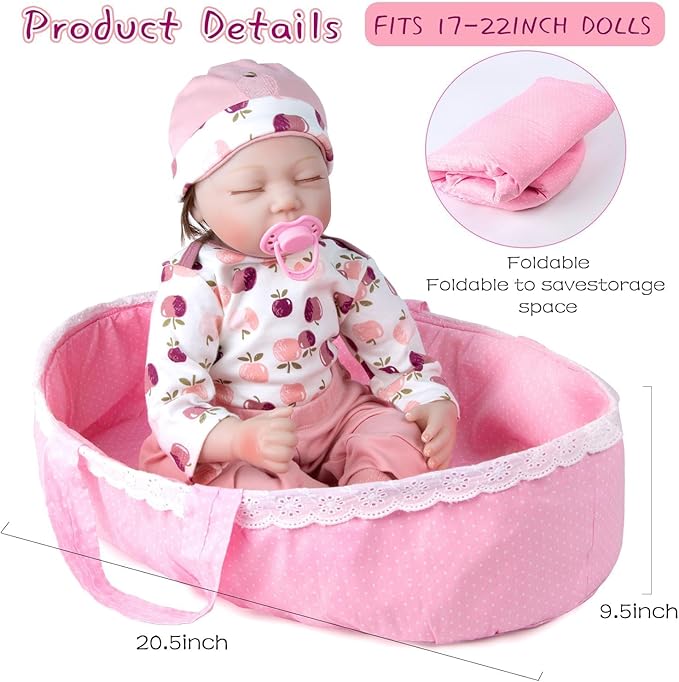 9 Pcs Reborn Baby Doll Accessories Pink Clothing Set with Bassinet for 17-22 Inch Reborn Baby Dolls Clothes Girl Cute Apple Patterns