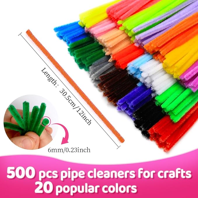 Praisebank Pipe Cleaners,500pcs 20 Multi-Colored Chenille Stems for DIY Projecets, Arts & Crafts Supplies for Festival Party Decorations