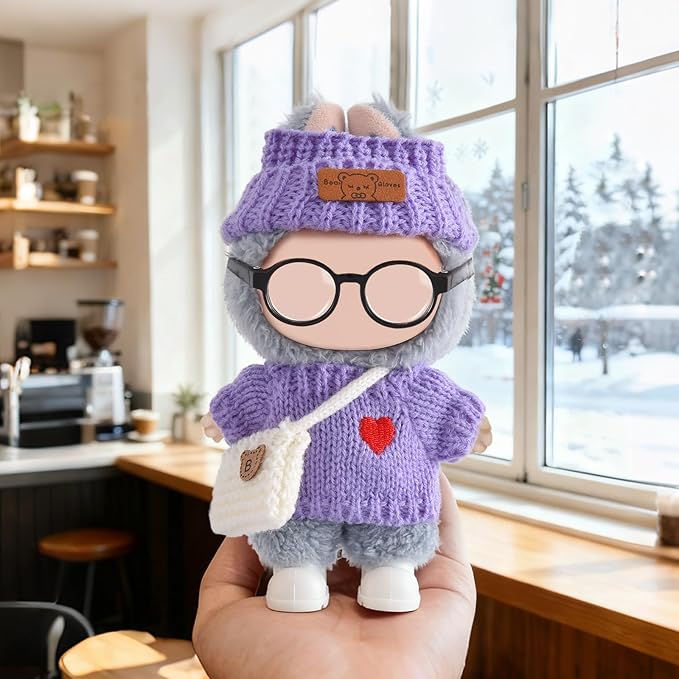 Doll Clothing for Labubu, Premium Outfits for Labubu Dressing up, Handcrafted Crochet Doll Accessories for Labubu with Sweater, Hat, Glasses, Small Bag, Boots(Purple)