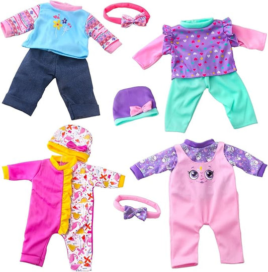 Baby Doll Clothes and Accessories 4 Sets Outfits for 14-18 Inch Dolls, 9 Pcs Dresses for 43cm New Born Baby Dolls Including Doll Dress, Headbands, Top and Pants
