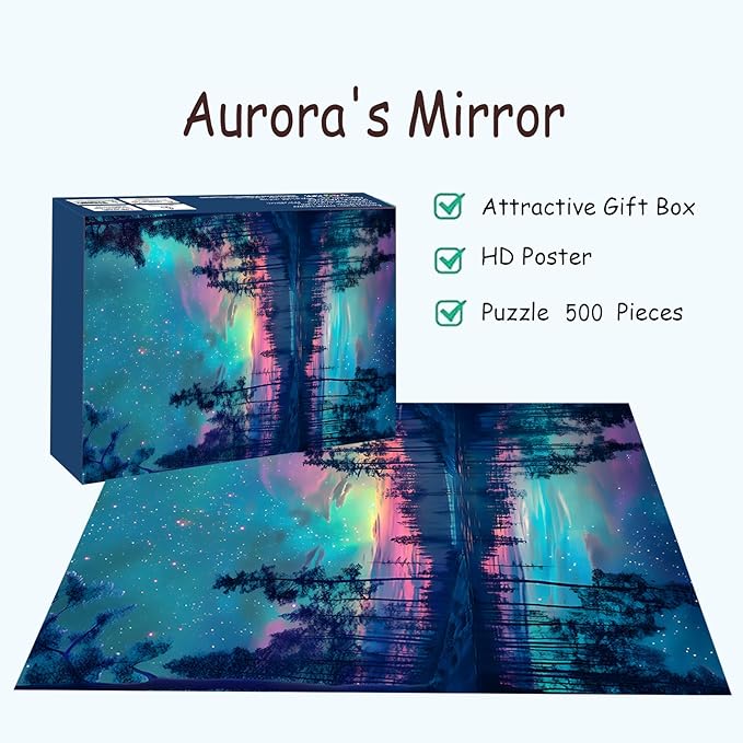 Puzzles for Adults 500 Pieces, Northern Lights Jigsaw Puzzles - Aurora's Mirror, Impossible Landscape Puzzle for Seniors Families,20.47x14.96 inches, 1:1 Poster, Letter on The Back
