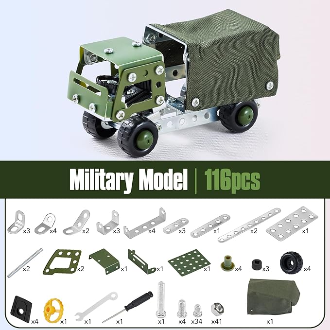 Military Truck STEM Building Toy Set for Boys Age 8-12 - Metal Army Toys Model Car Kits Set - Engineering STEM Kits or Kids 6-8, 8-10 Stem Projects Vehicles