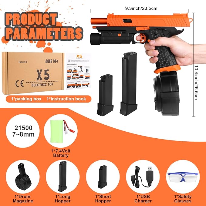 Electric Gel Toys New X5, Full Auto Splat-Blaster Includes Drum and Goggles for Outdoor Team Game, X2 Upgrade Version for Ages 14+,Orange